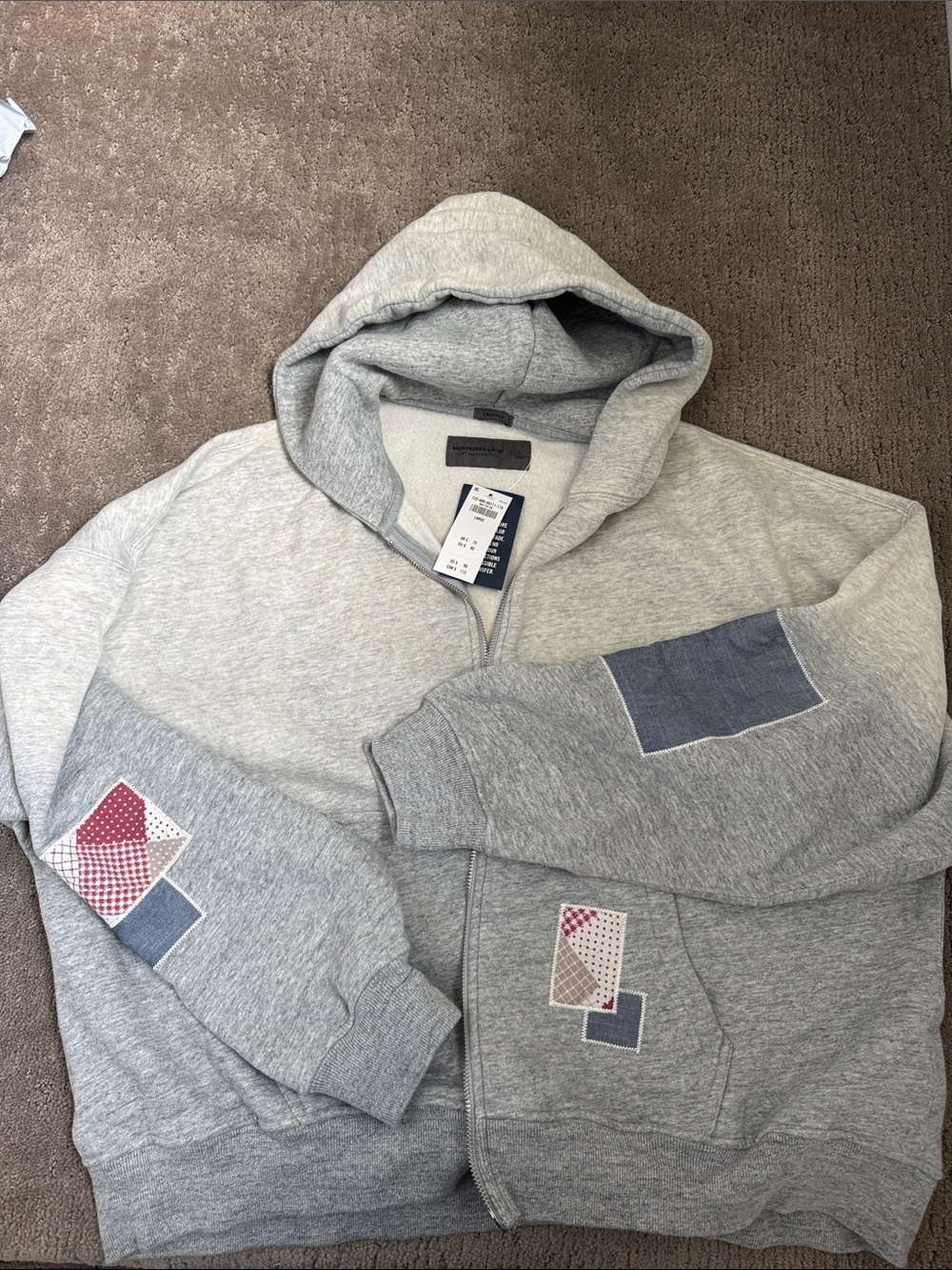 Abercrombie & Fitch Light Gray Hooded Zip Sweatshirt with Patchwork Accents
